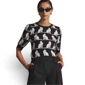 Maeve Jacquard Sweater Short Sleeve Shirt || NWOT || Size L || cat pattern!